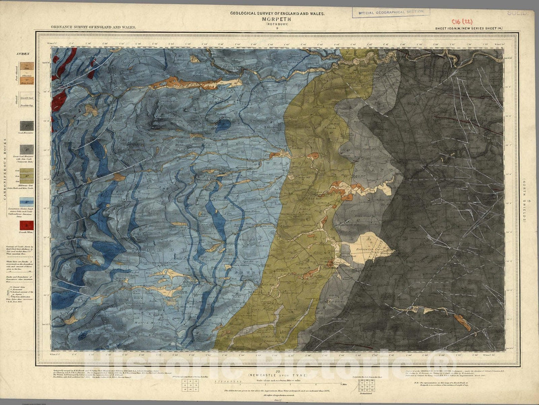 Historic Wall Map : Geologic Atlas Map, 105. Morpeth, Rothbury, Newcastle, NW Quad. 1892 - Vintage Wall Art