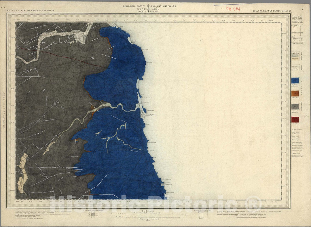 Historic Map : Geologic Atlas Map, 105. Sunderland, North Shields, Newcastle, SE Quad. 1892 - Vintage Wall Art