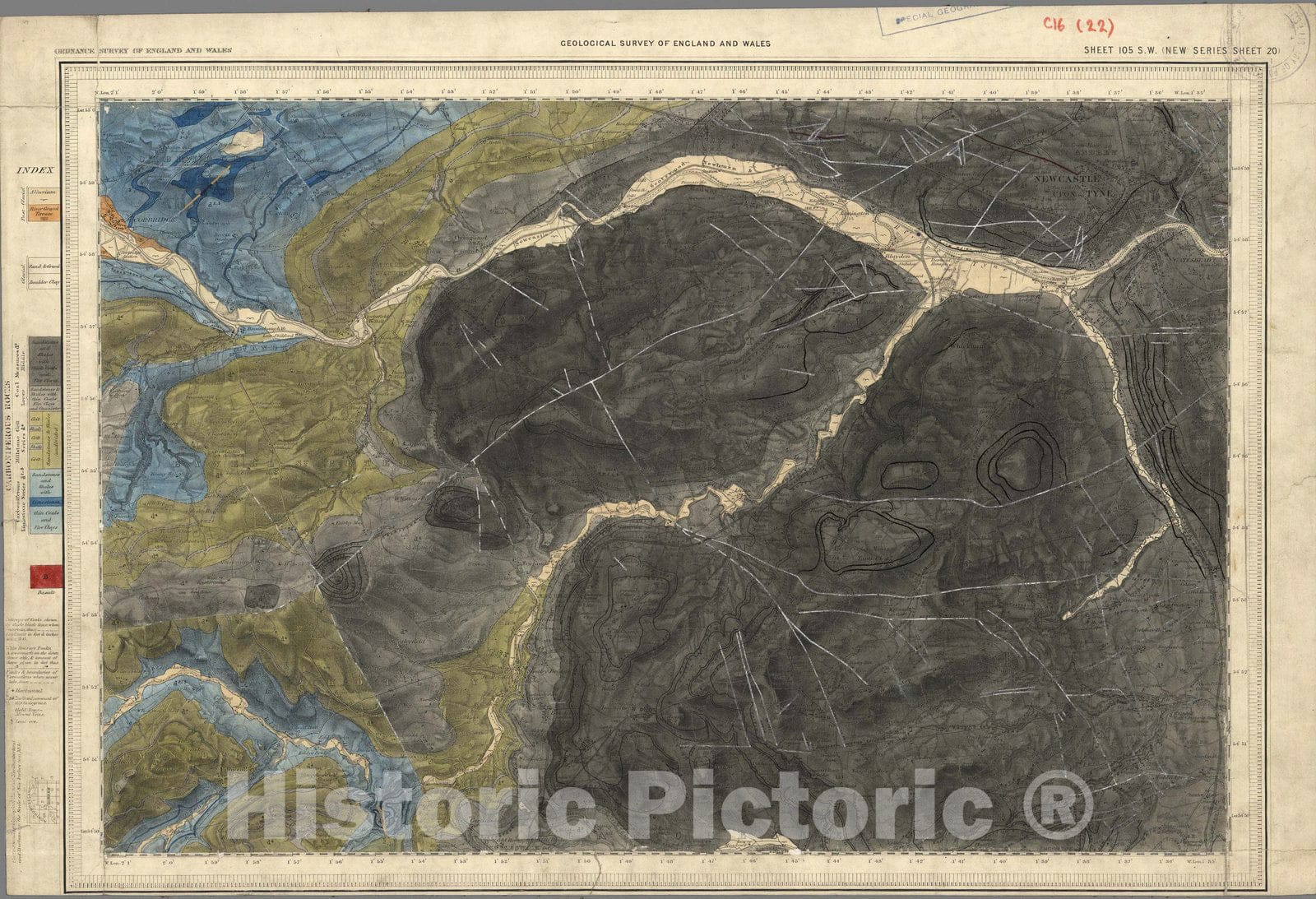 Historic Map : Geologic Atlas Map, 105. Newcastle on Tyne, Newcastle, SW Quad. 1895 - Vintage Wall Art