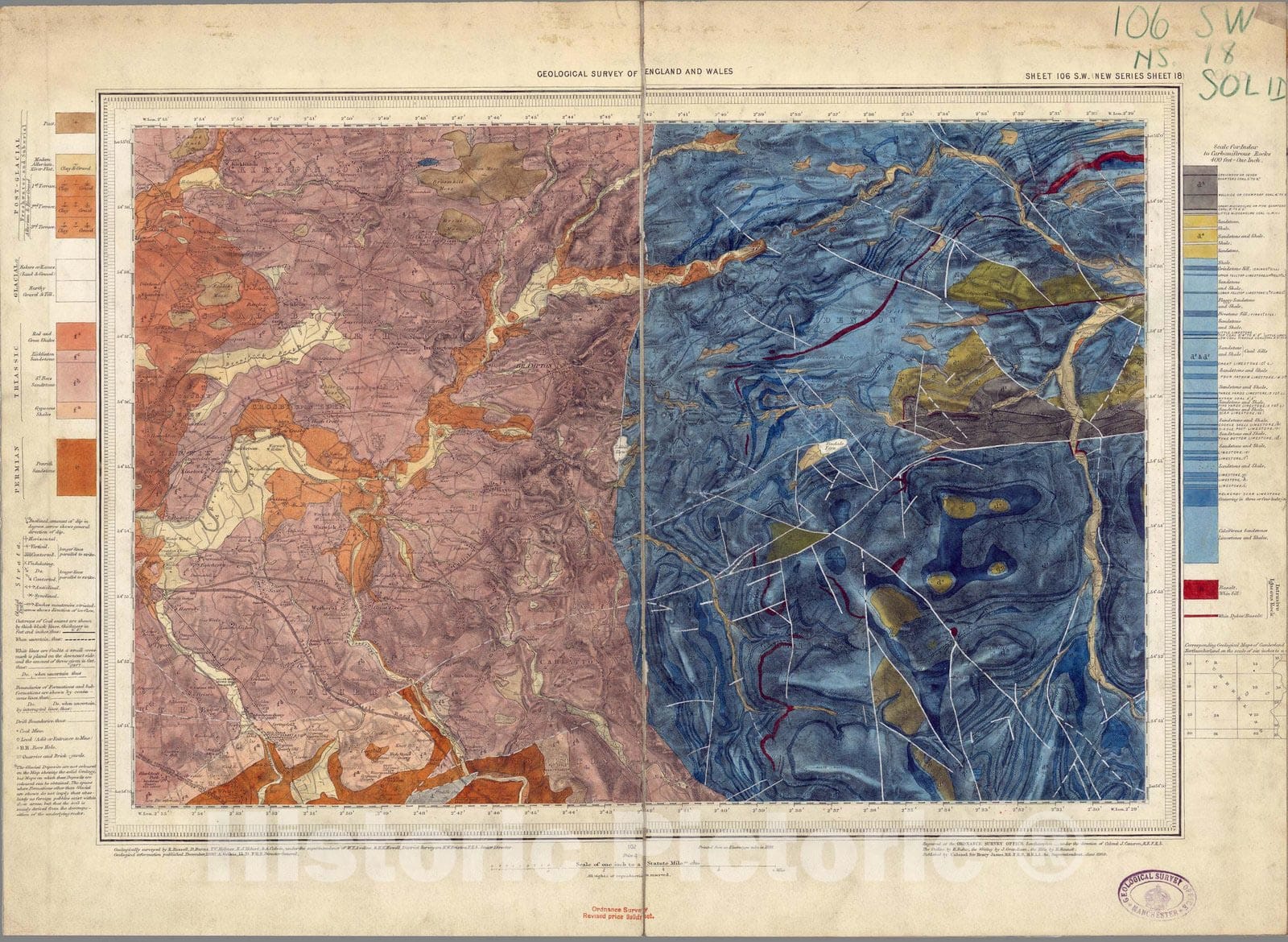 Historic Map : Geologic Atlas Map, 106. Haltwhistle, SW Quad. 1890 - Vintage Wall Art