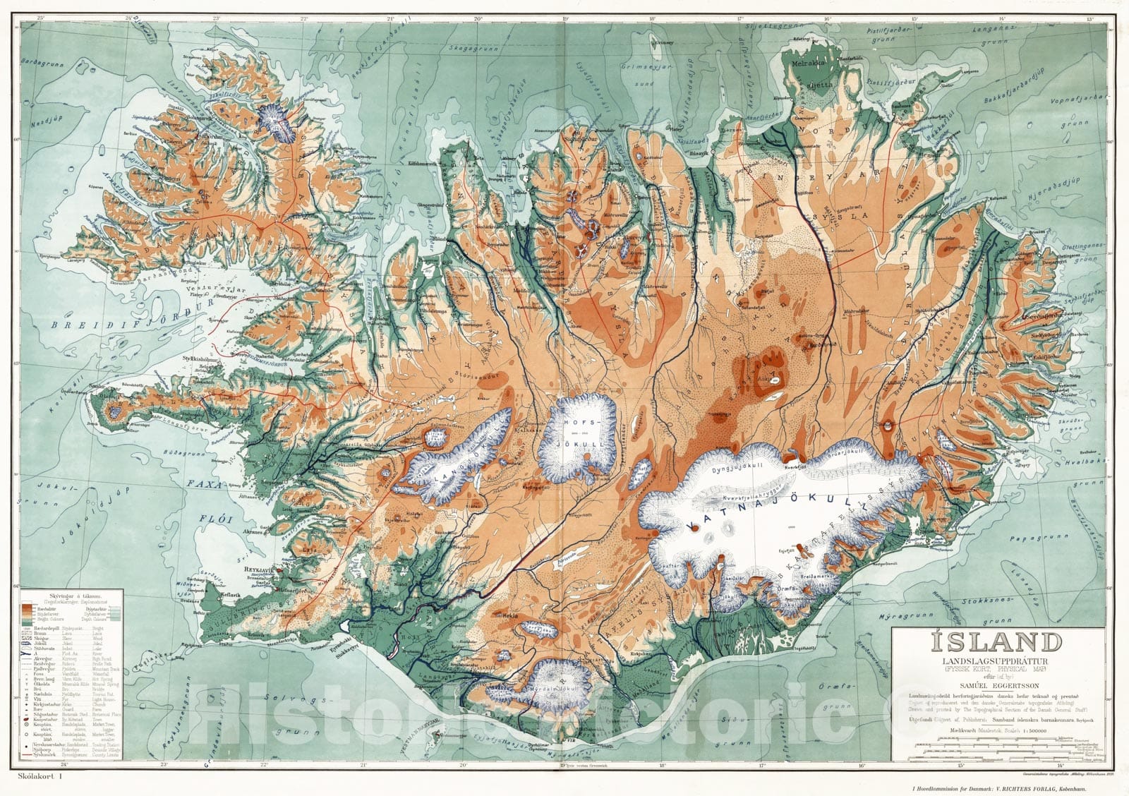 Wall Map, Iceland - Physical-Political 1928 - Vintage Wall Art