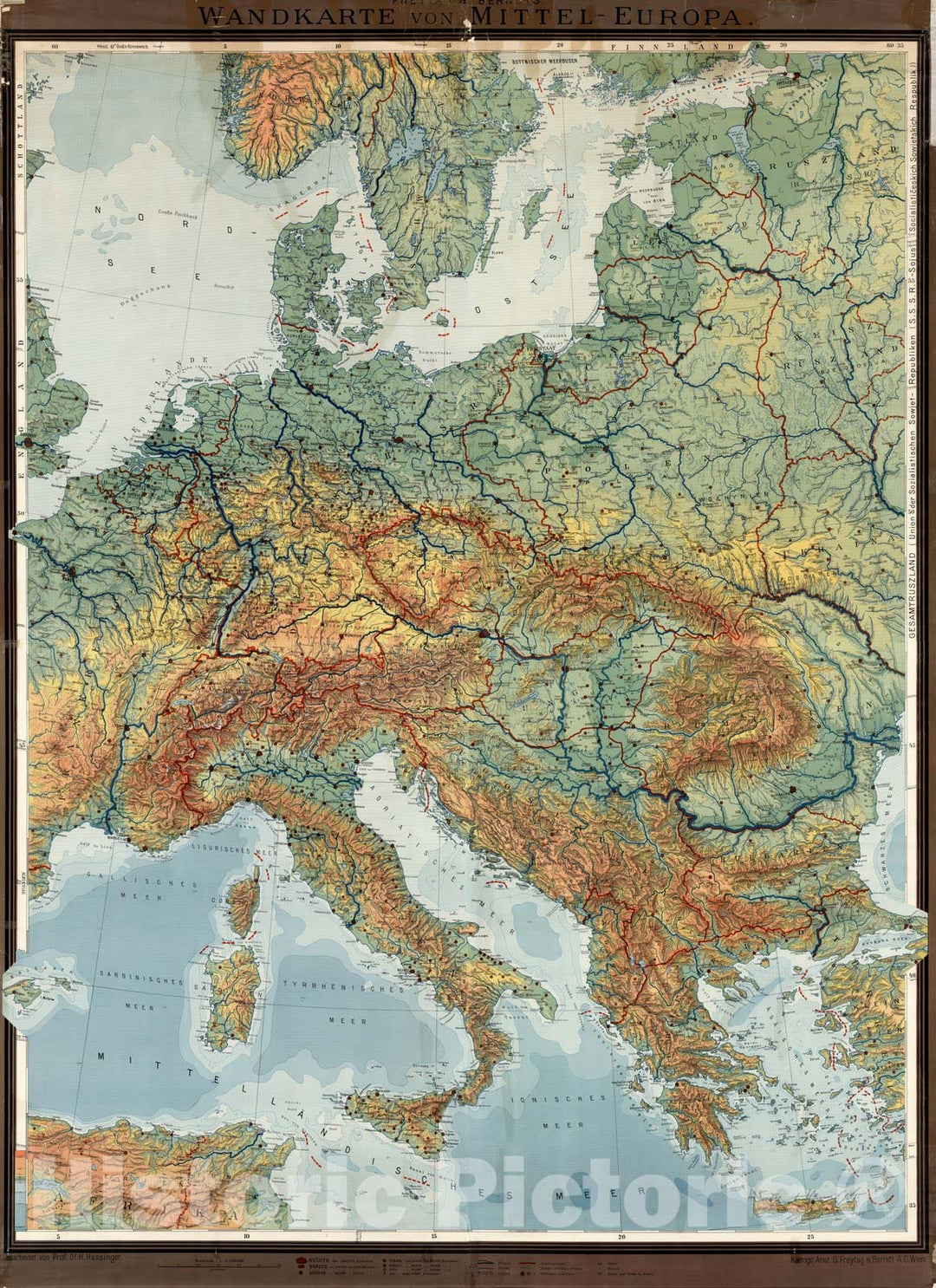 Historic Wall Map : Wall Map, Middle Europe - Physical-Political 1930 - Vintage Wall Art