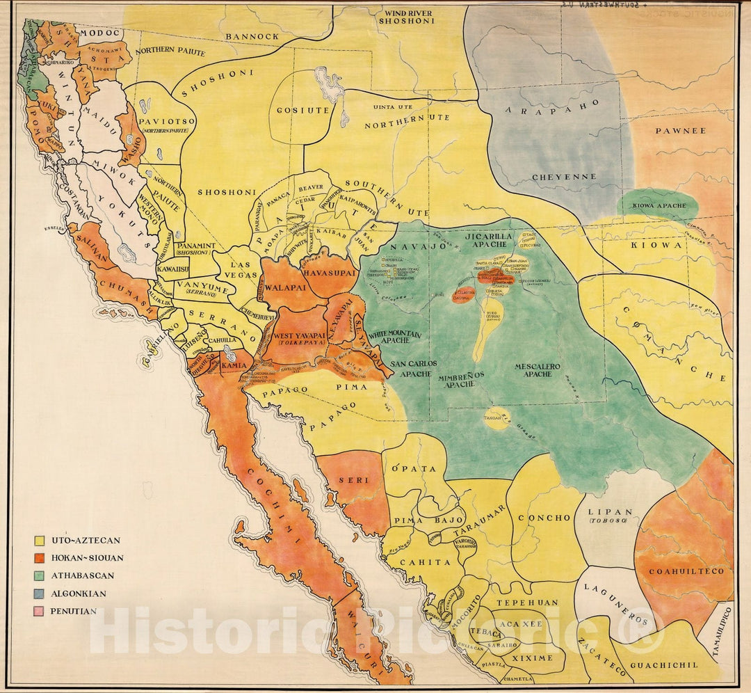 Historic Map : Wall Map, Southwestern United States & Northern Mexico - Linguistic Stocks 1950 - Vintage Wall Art