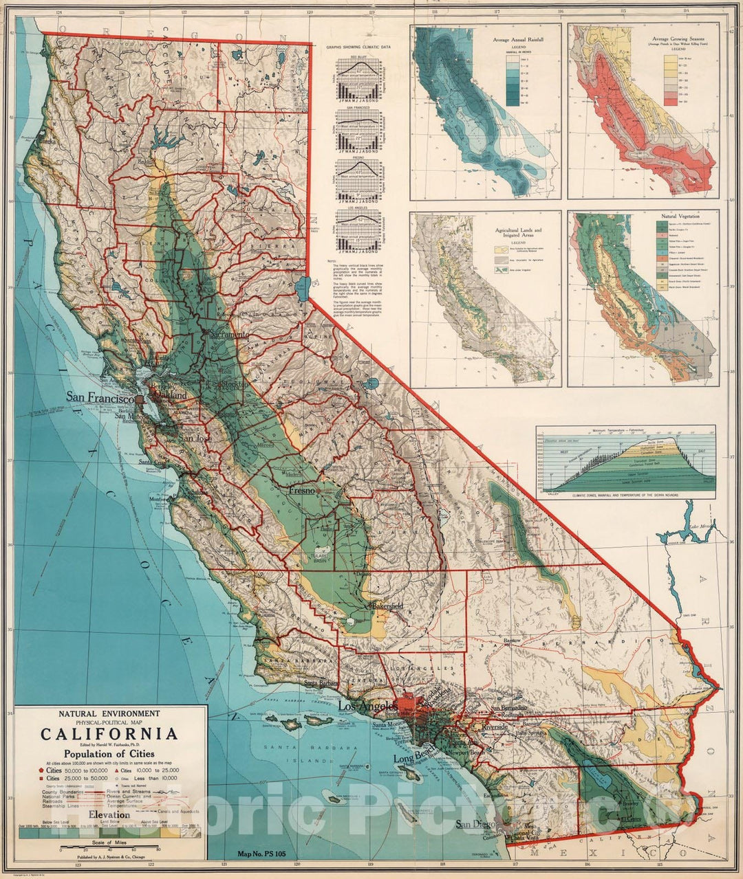 Historic Map : Wall Map, California - Physical-Political 1960 - Vintage Wall Art