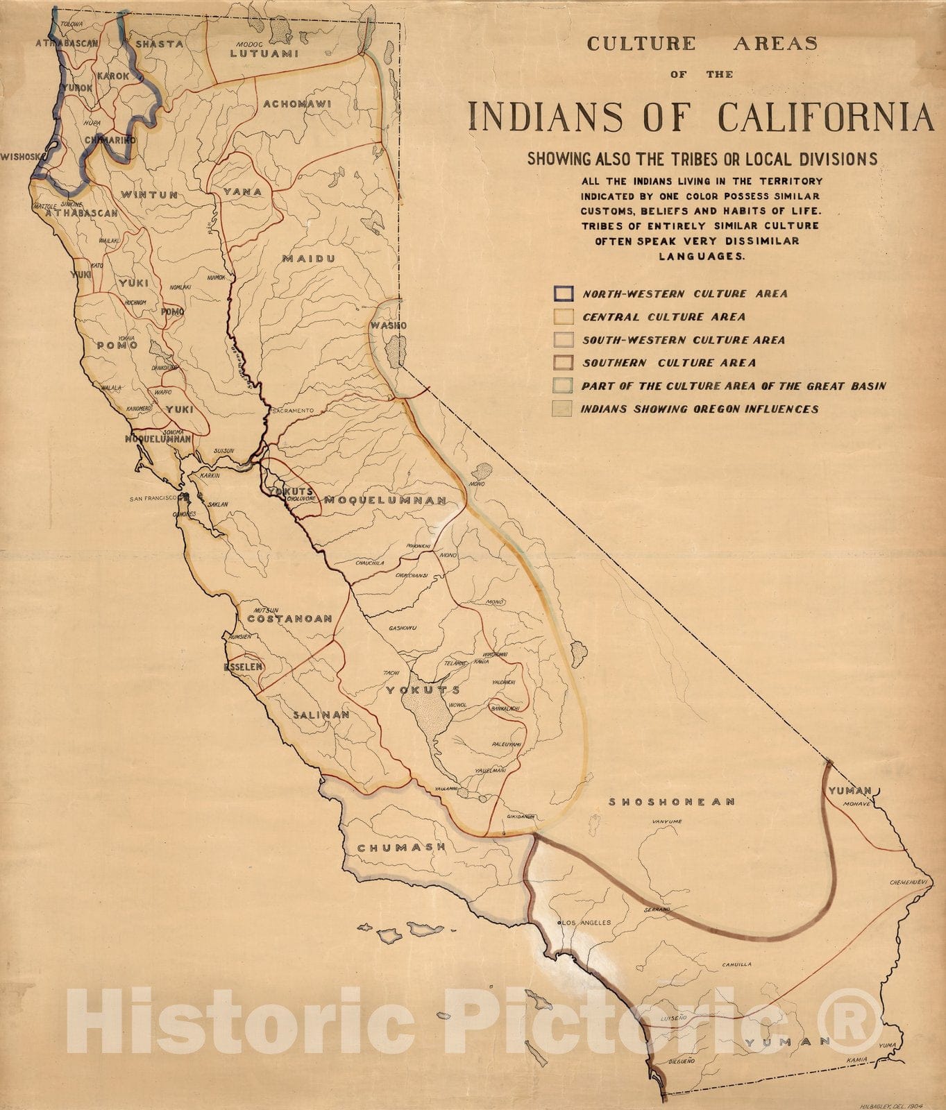 Historic Wall Map : Wall Map, California - Native Culture 1904 - Vintage Wall Art