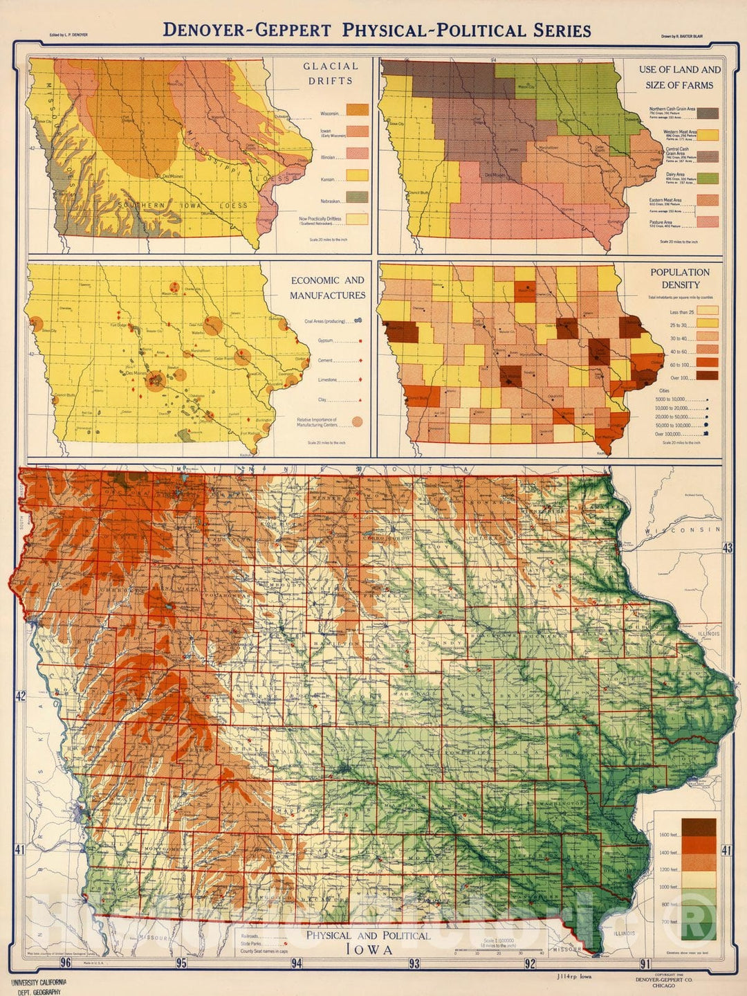 Historic Map : Wall Map, Iowa - Physical-Political 1940 - Vintage Wall Art