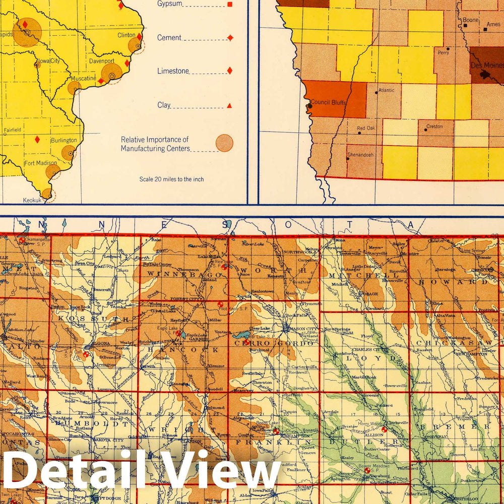 Historic Map : Wall Map, Iowa - Physical-Political 1940 - Vintage Wall Art