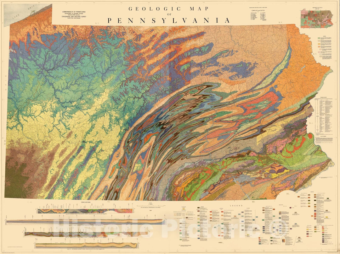 Historic Map - Wall Map, Pennsylvania - Geology 1960, - Vintage Wall Art