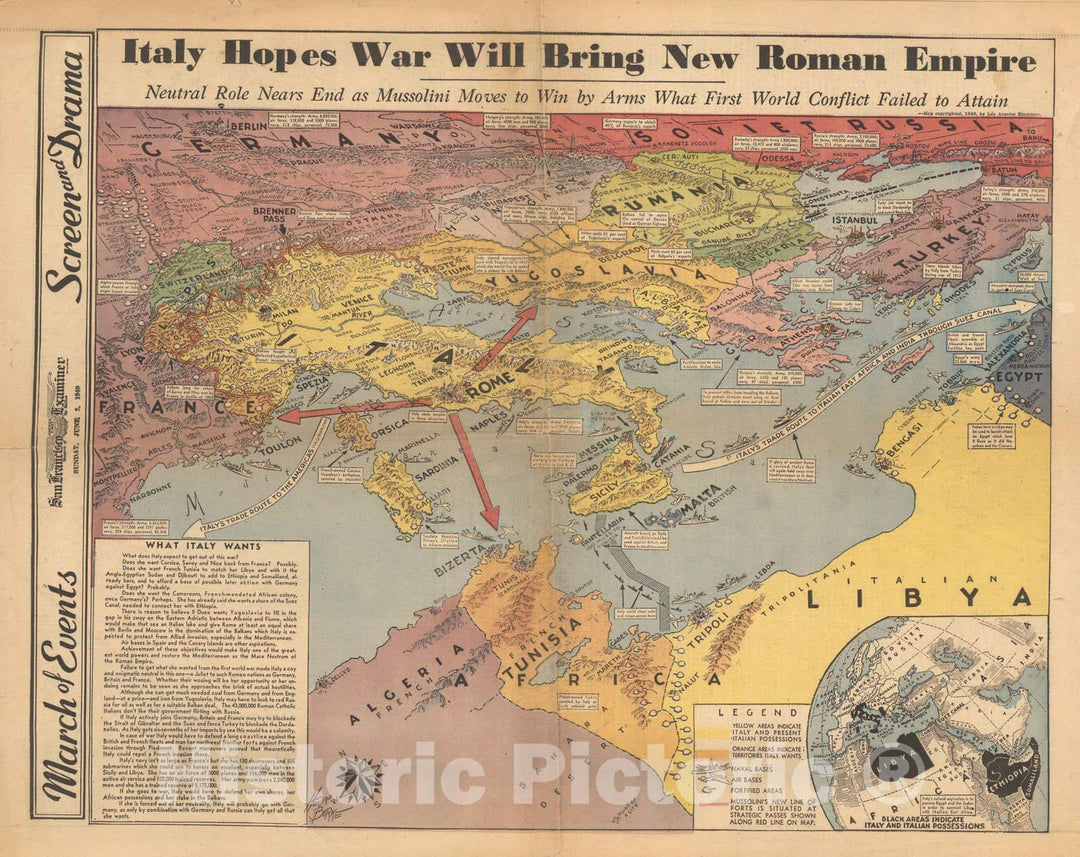 Historic Map : Italy hopes war will bring new Roman Empire 1940 - Vintage Wall Art