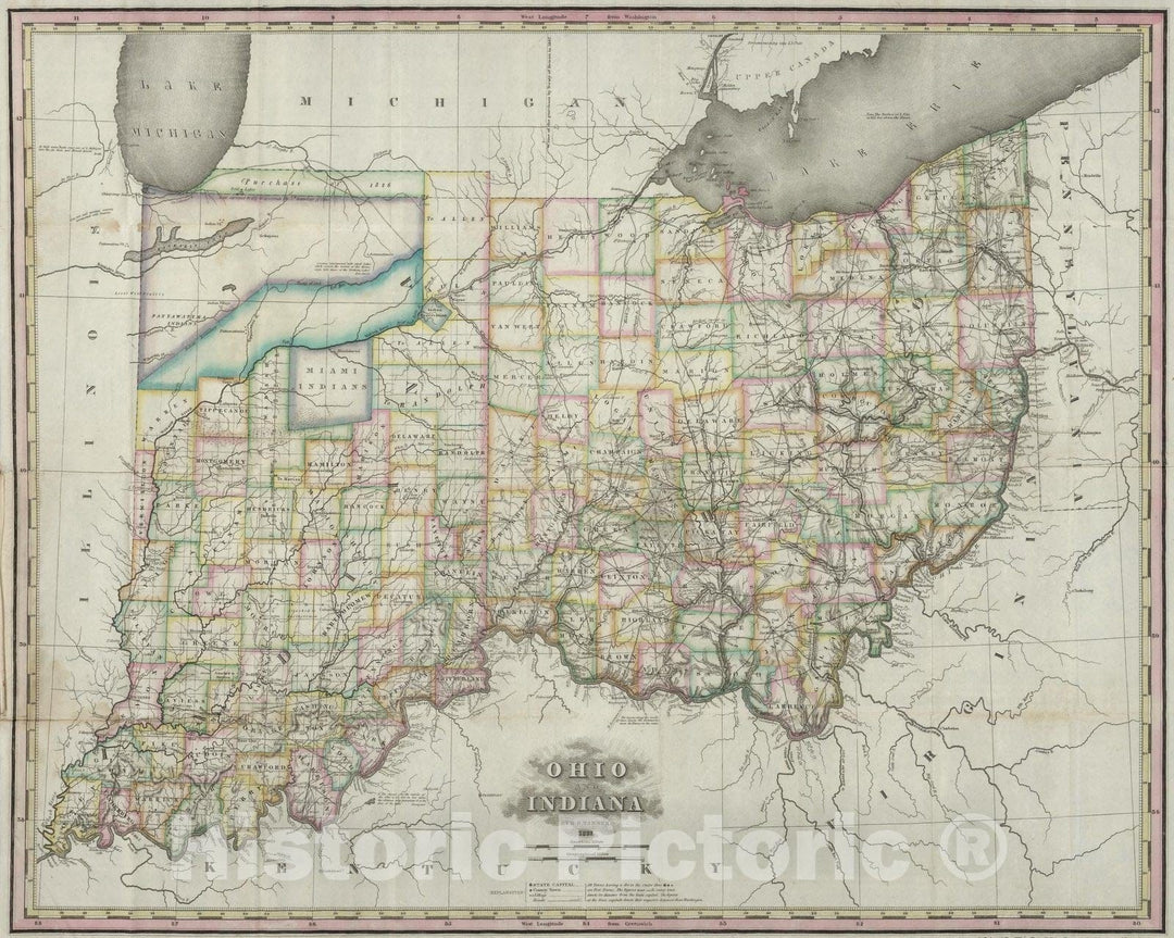 Historic Map : Pocket Map, Ohio And Indiana 1827 - Vintage Wall Art