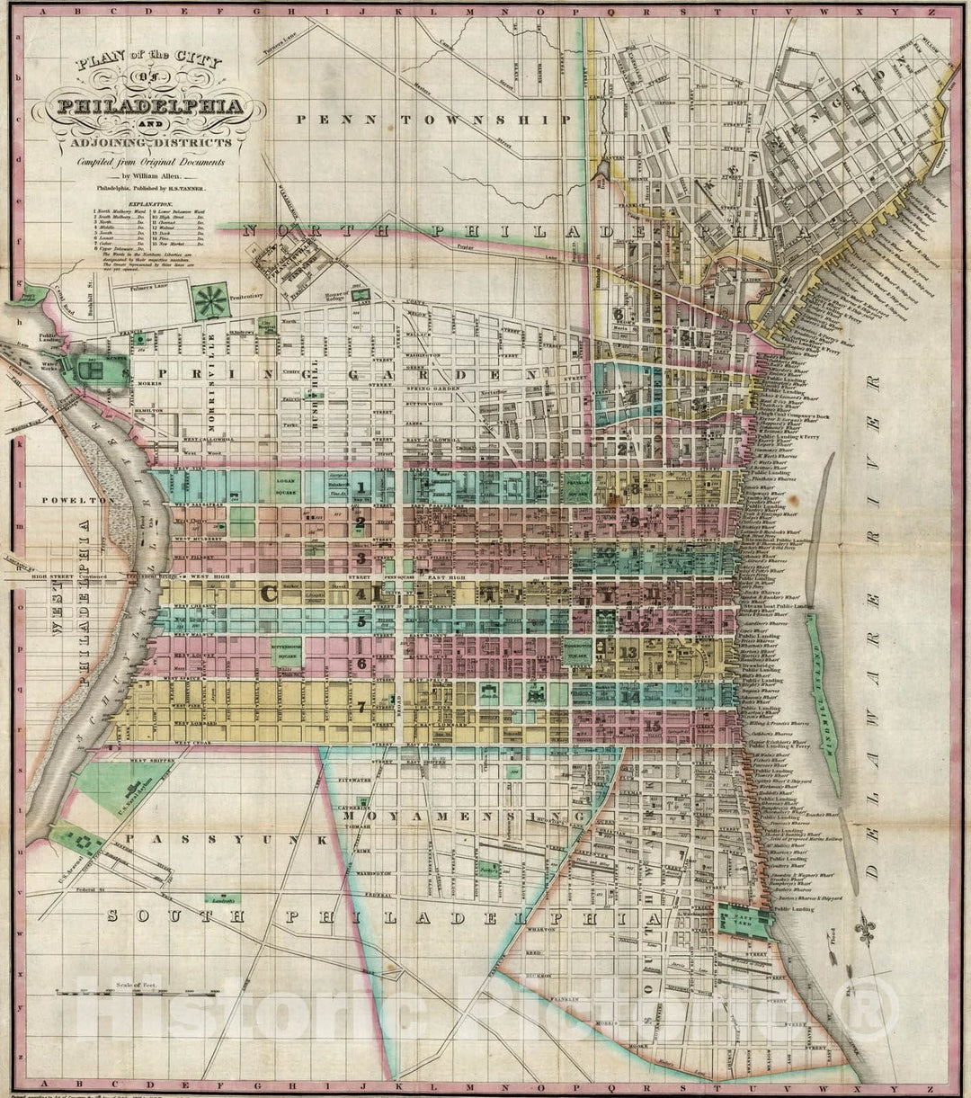 Historic Wall Map : Guide Book, Plan of the City of Philadelphia 1828 - Vintage Wall Art