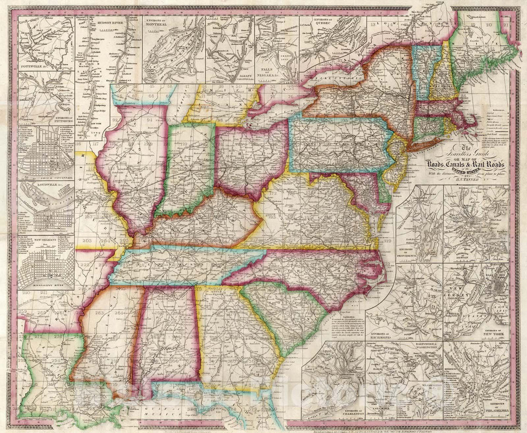 Historic Map : Map of The Roads, Canals & Rail Roads of the United States, 1839 - Vintage Wall Art