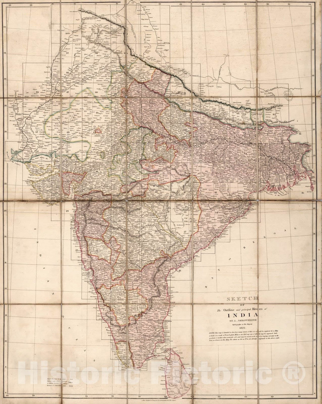 Historic Map : Case Map, Sketch of the Outline and principal Rivers of India 1822 - Vintage Wall Art