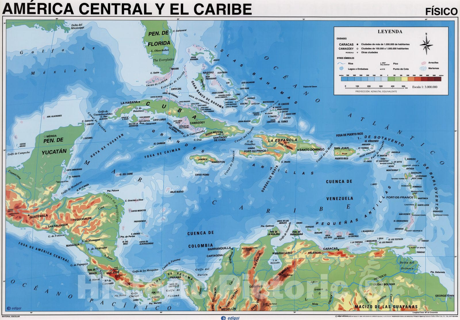 Historic Map : Caribbean, West Indies Wall Map, America Central y El Caribe - Fisico. 2002 , Vintage Wall Art