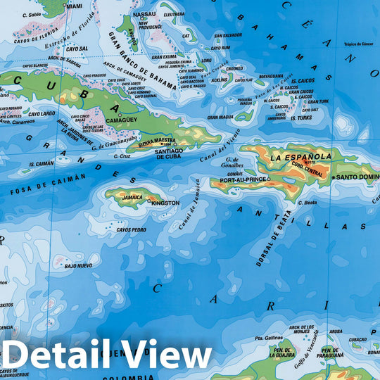 Historic Map : Caribbean, West Indies Wall Map, America Central y El Caribe - Fisico. 2002 , Vintage Wall Art