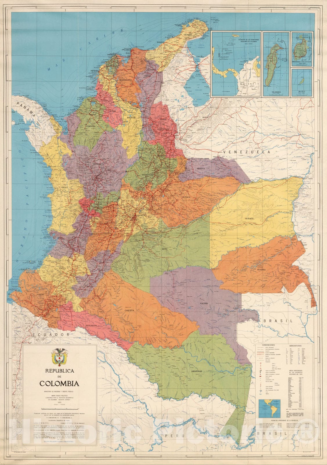 Historic Map - Wall Map, Colombia - Political. 1972 - Vintage Wall Art