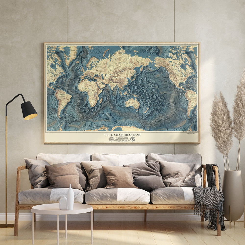 Wall Map, World - Ocean Floors and Land Relief. 1976 - Vintage Wall Art