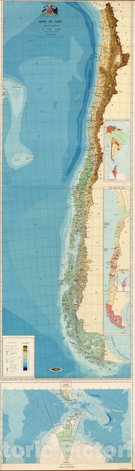 Historic Map : Chile -- Physical, 1968, Vintage Wall Decor