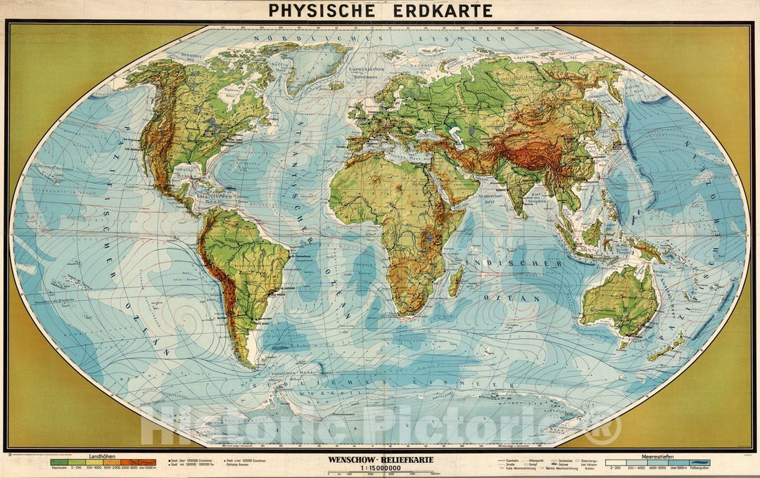 Historic Map : Wall Map, World - Physical 1952 - Vintage Wall Art