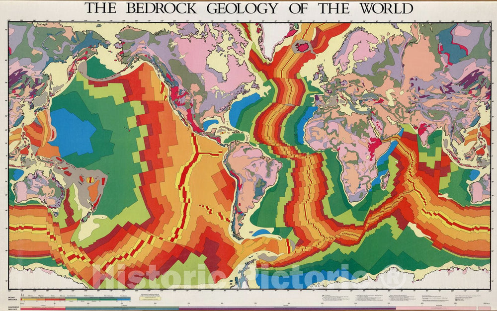 Historic Map : Wall Map, World - Geology: Oceanic and Continental - Tectonics 1985 - Vintage Wall Art