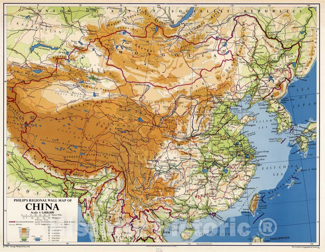 Historic Map : Wall Map, China - Physical-Political 1963 - Vintage Wall Art