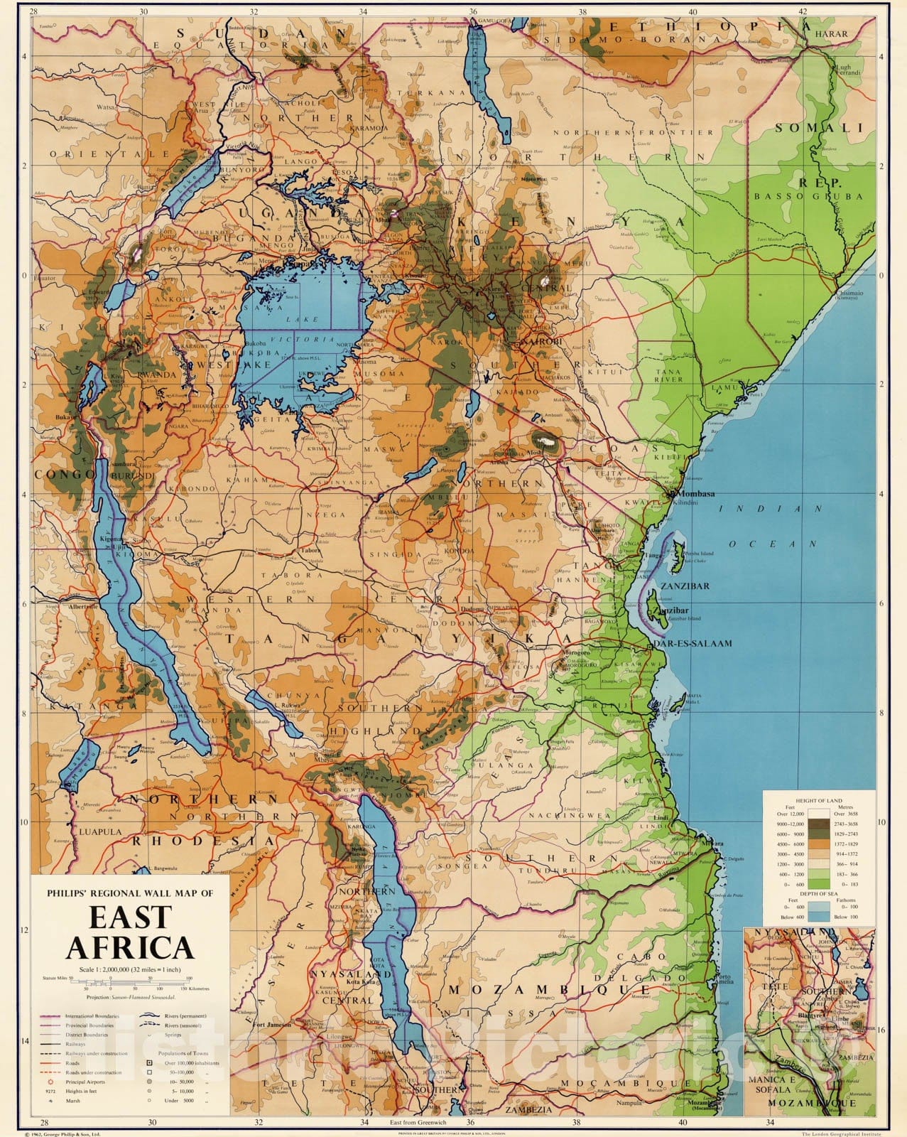 Historic Map : Wall Map, East Africa - Physical-Political 1962 - Vintage Wall Art