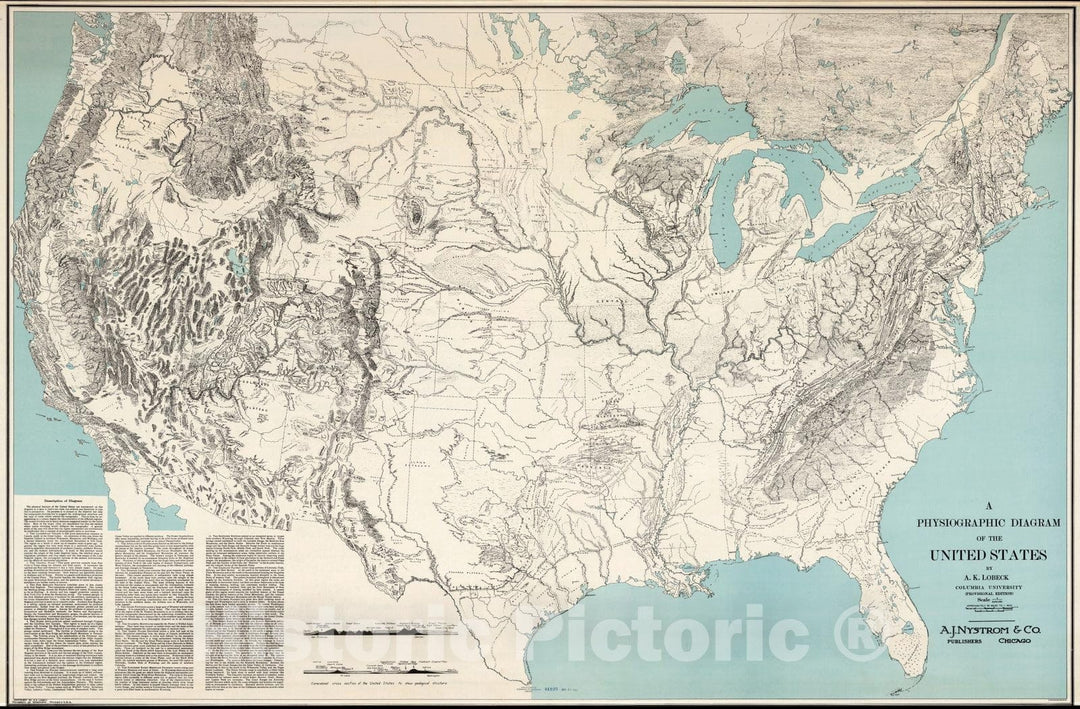 Historic Map : Wall Map, United States - Physiographic Diagram (Lobeck) 1948 - Vintage Wall Art