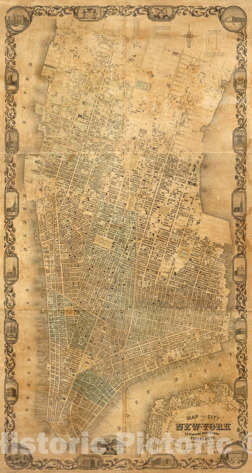 Historic Map : Wall Map, City of New York Extending Northward to Fiftieth St. 1852 - Vintage Wall Art