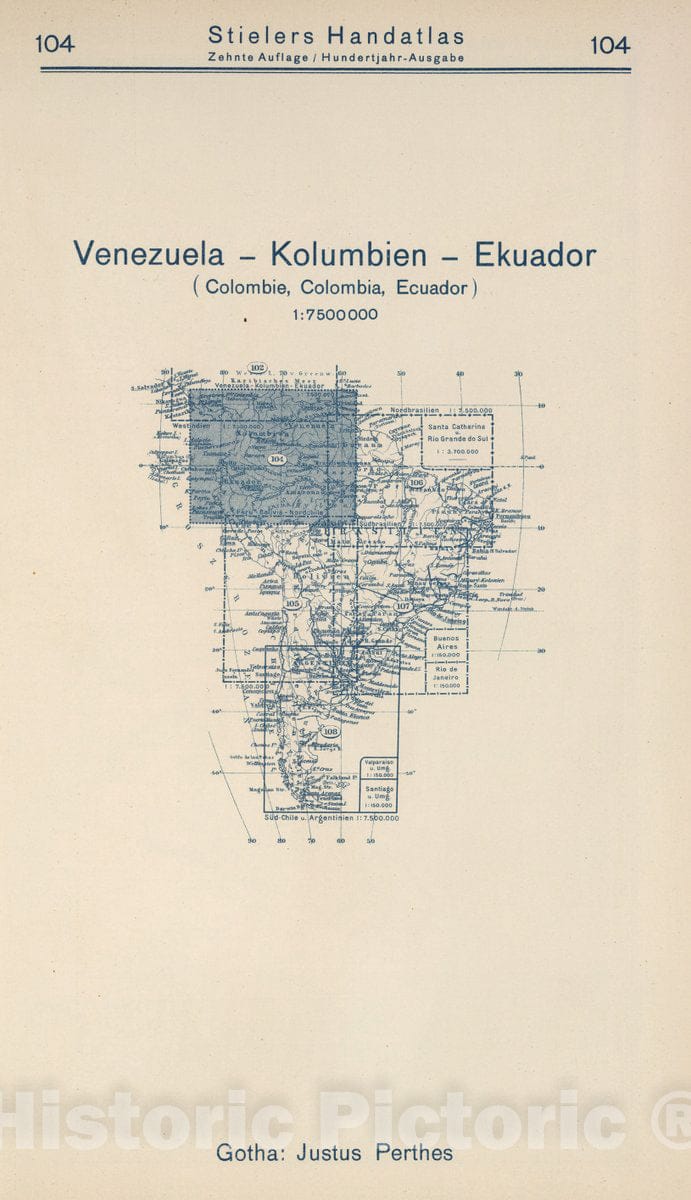 Historic Map : 1925 Index Map: 104. Venezuela - Kolumbien - Ekuador. Columbia - Ecuador. - Vintage Wall Art