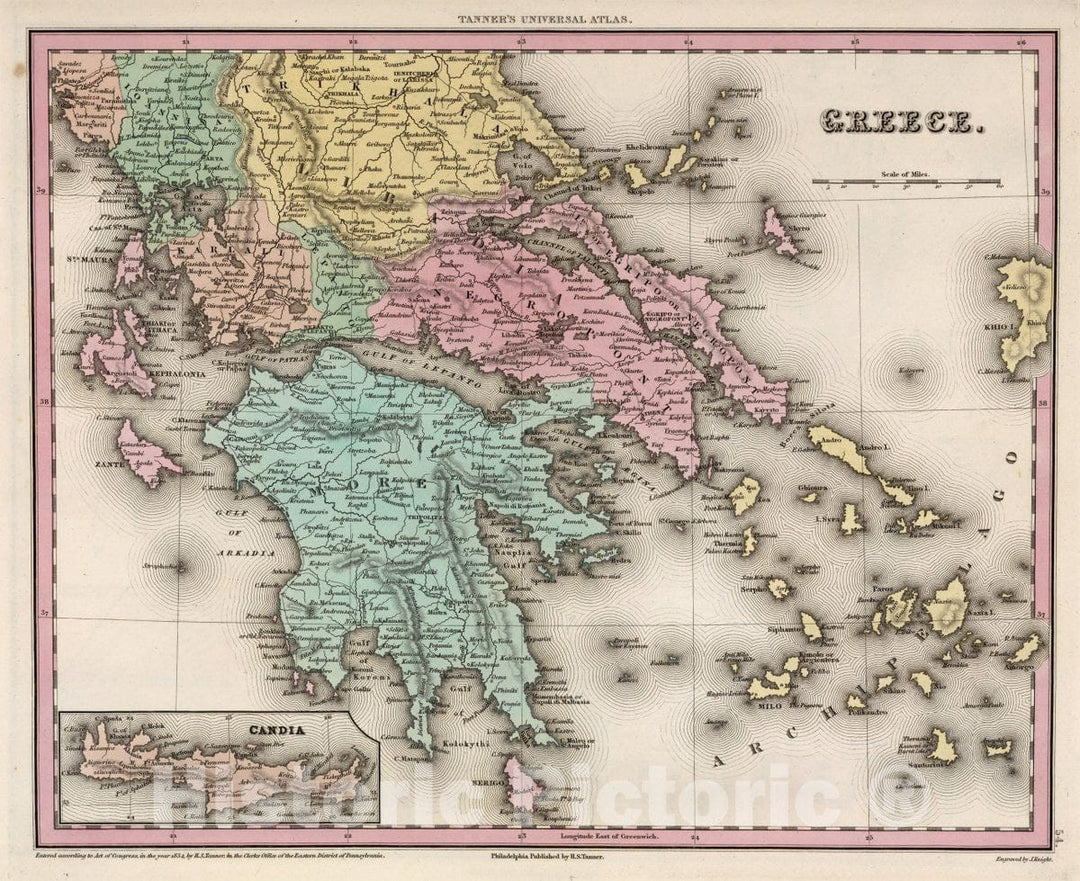 Historic Map : Greece. (Inset) Candia, 1842 Atlas - Vintage Wall Art