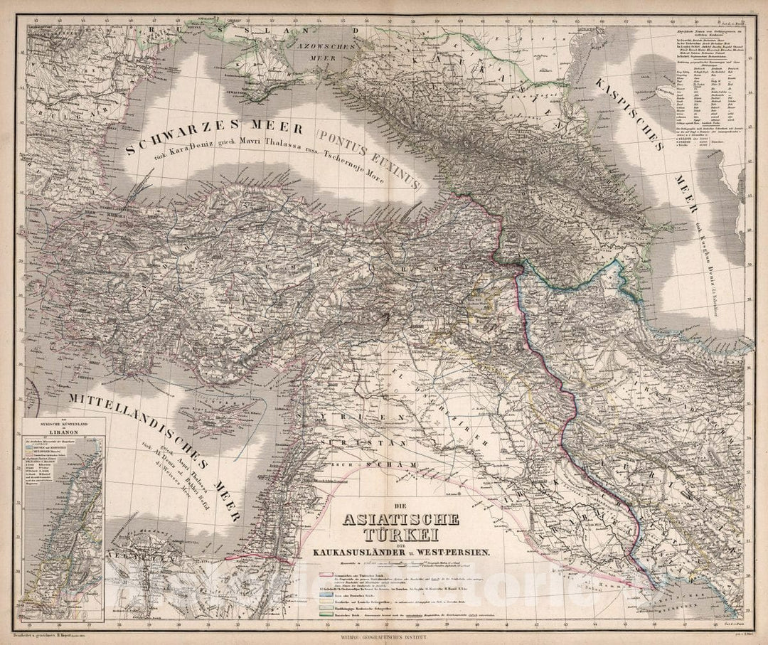 Historic Map : Turkey, Middle East Die Asiatische Turkei, die Kaukasuslander u. West-Persien, 1865 Atlas , Vintage Wall Art