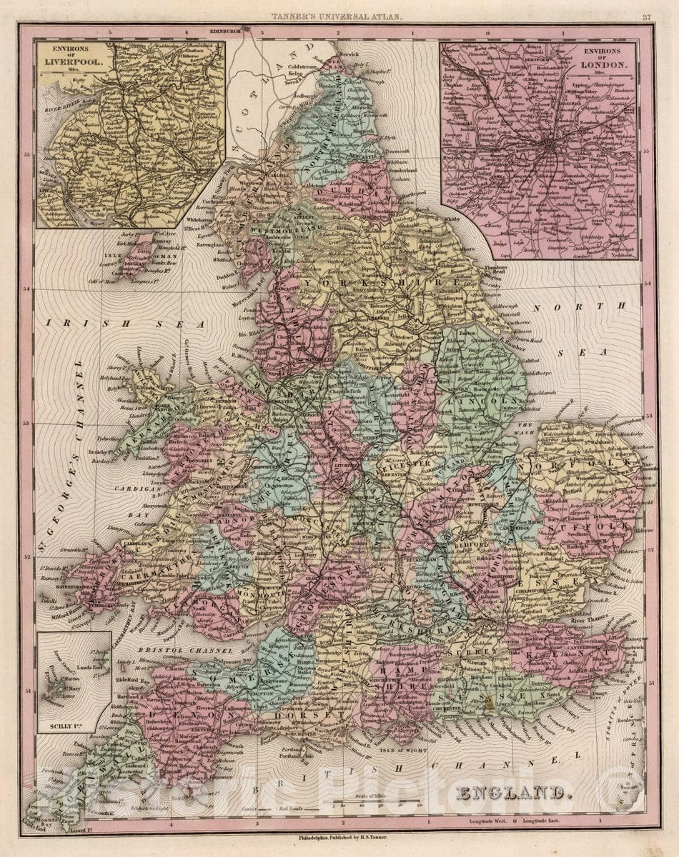 Historic Map : England. (Insets) Environs of Liverpool. Environs of London. Scilly Ids, 1842 Atlas - Vintage Wall Art