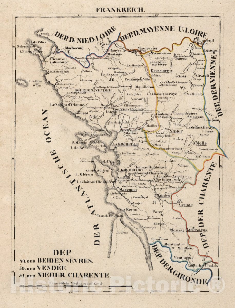 Historic Map : France, V.1:1-5: I: Frankreich. DEP: 49. Der Beiden Sevres. 50. Der Vendee. 51. Der Nieder Charente, 1825 Atlas , Vintage Wall Art