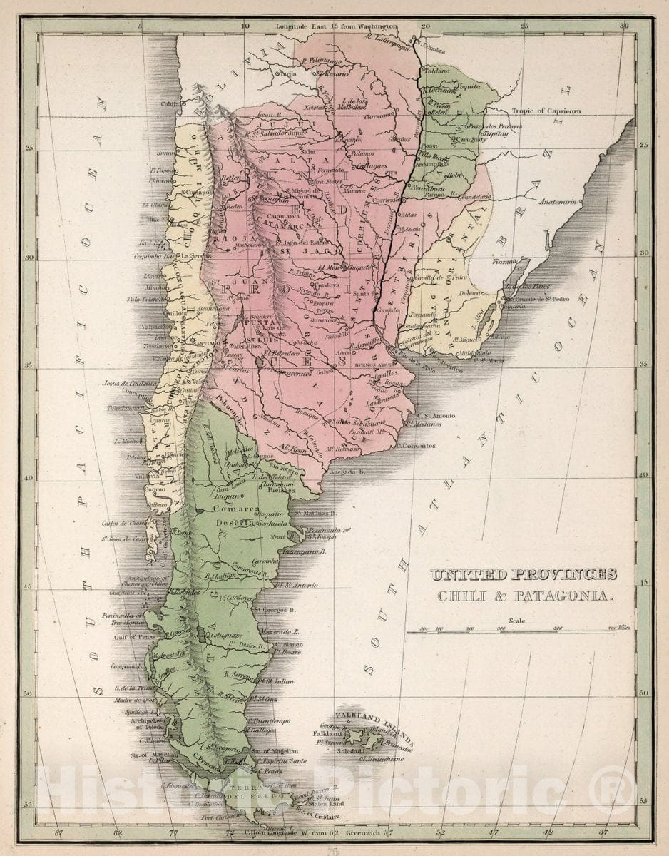 Historic Map : United Provinces : Chile & Patagonia, 1838 Atlas - Vintage Wall Art