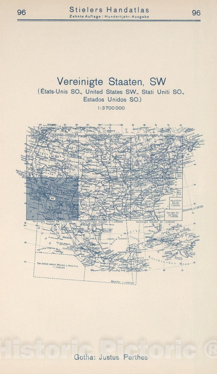 Historic Map : 1925 Index Map: 96. Vereinigte Staaten SW. United States SW. - Vintage Wall Art