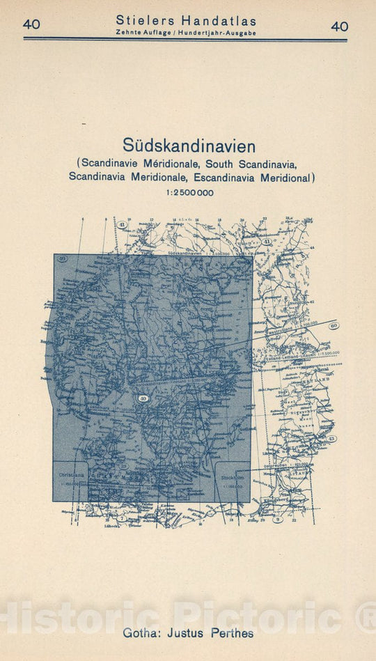 Historic Wall Map : 1925 Index Map: 40. Sudskandinavien. South Scandinavia. - Vintage Wall Art