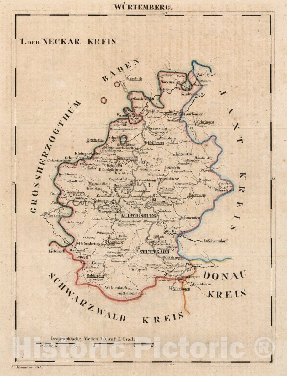 Historic Map : Germany, V.2: 6-10: VI: II. Wurtemberg. Der Neckar Kreis, 1825 Atlas , Vintage Wall Art