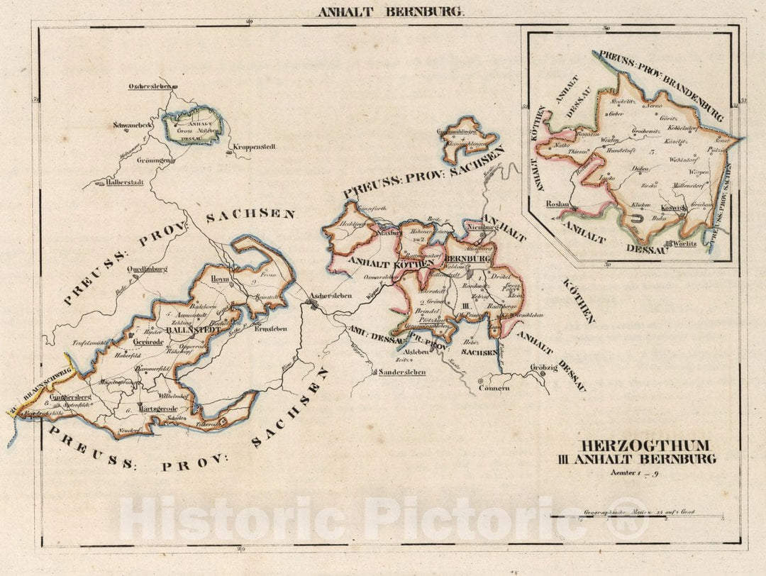 Historic Map : Germany, V.2:6-10:VIII. Anhalt Bernburg. Herzogthum. III. Anhalt Bernburg, 1825 Atlas , Vintage Wall Art