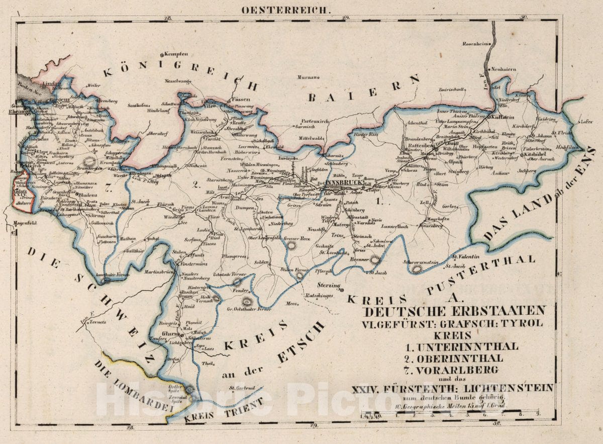 Historic Wall Map : Germany, V.3:11-15:XI:1. Oesterreich. A. Deutsche Erbstaaten. Vl. Gefurst:Grafscj: Tyrol Kreis XXIV. Furstenth: Lichtenstein, 1828 Atlas , Vintage Wall Art