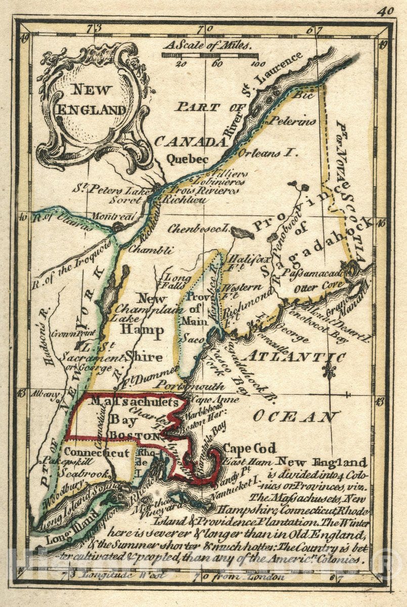 Historic Map : New England. Atlas Minimus or a New Set of Pocket Maps of The Several Empires, Kingdoms and States of The Known World, 1758 Vintage Wall Art