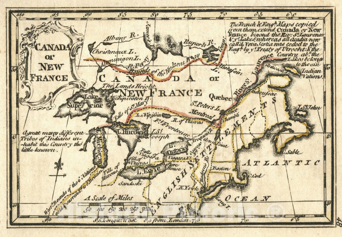 Historic Map : Canada Or New France. Atlas Minimus or a New Set of Pocket Maps of the Several Empires, Kingdoms and States of the Known World, 1758 Atlas - Vintage Wall Art