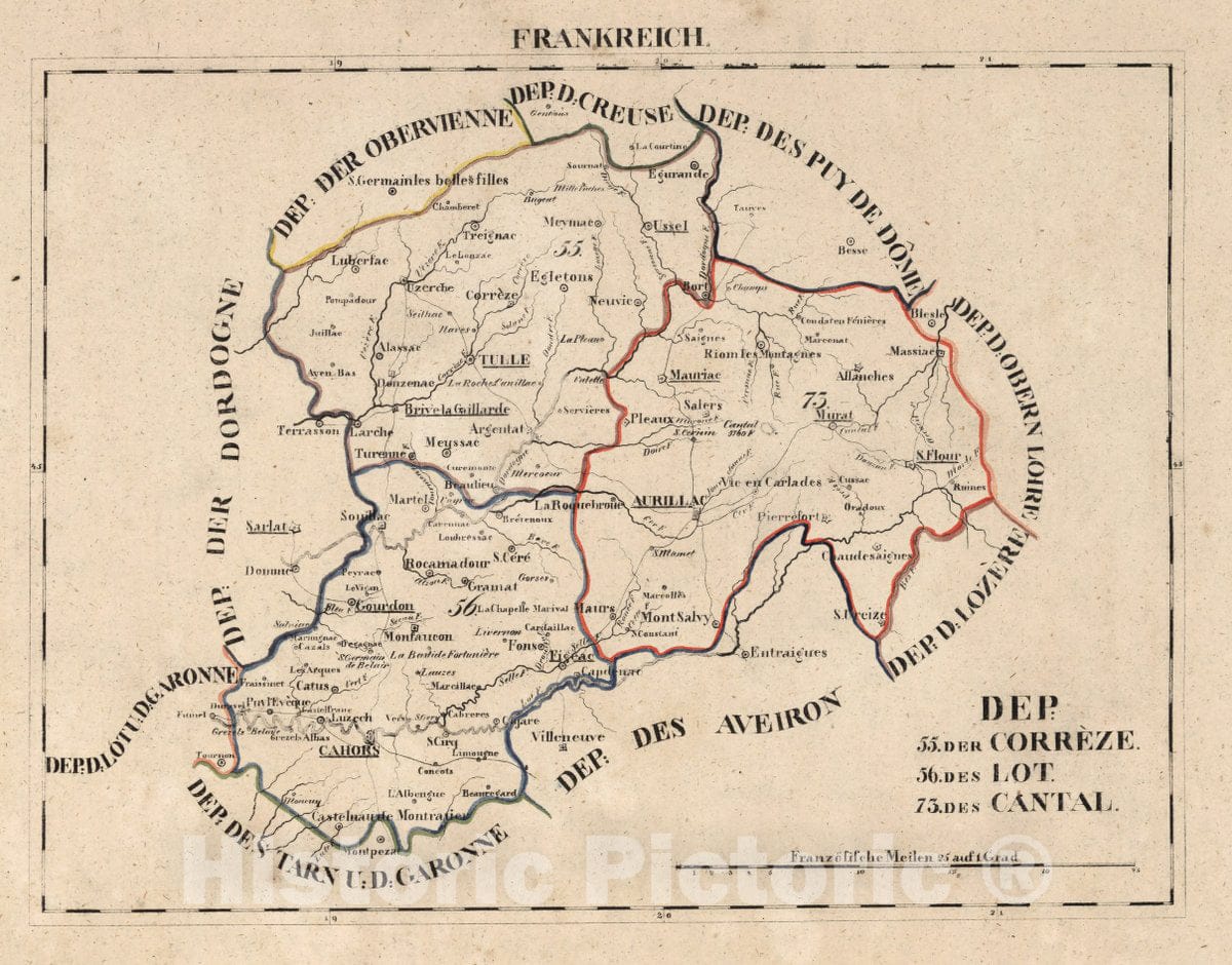 Historic Map : France, V.1:1-5: I: Frankreich. DEP: 55. Der Correze. 56. Des Lot. 73. Des Cantal, 1825 Atlas , Vintage Wall Art