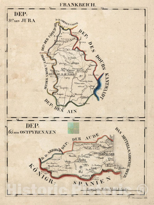 Historic Map : France, V.1:1-5: I: Frankreich. DEP: 20. Des Hura. (with) DEP: 65. Der Ostpyrenaeen, 1825 Atlas , Vintage Wall Art