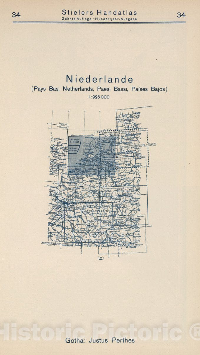 Historic Map : 1925 Index Map: 34. Niederlande. Netherlands. - Vintage Wall Art