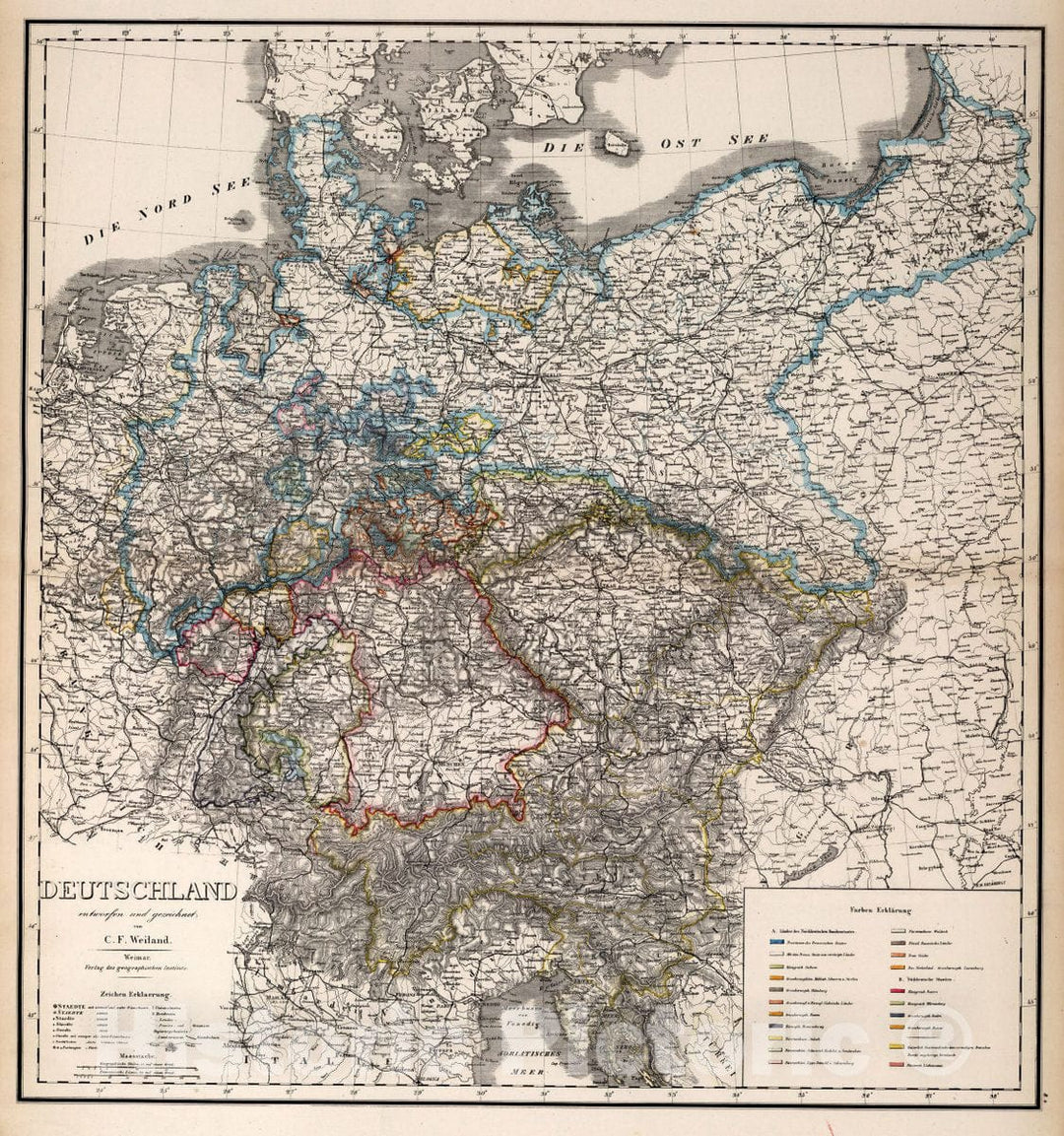 Historic Map : Germany, Deutschland. Entworfen und gezeichnet von C.F. Weiland. Verlag des Geographischen Instituts. Hand -Der Erde Und Des Himmels, 1866 , Vintage Wall Art