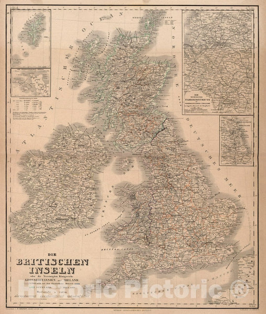 Historic Map : England, British Isles Die Britischen Inseln, Oder die Vereinigten Konigreiche, Grossbritannien und Ireland, 1863 Atlas , Vintage Wall Art