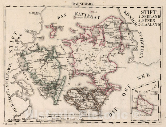 Historic Map : Denmark, V.1:1-5: V: II: Daenemark: Stift. 1. Seeland. 2. Funen. 3. Laaland, 1825 Atlas , Vintage Wall Art