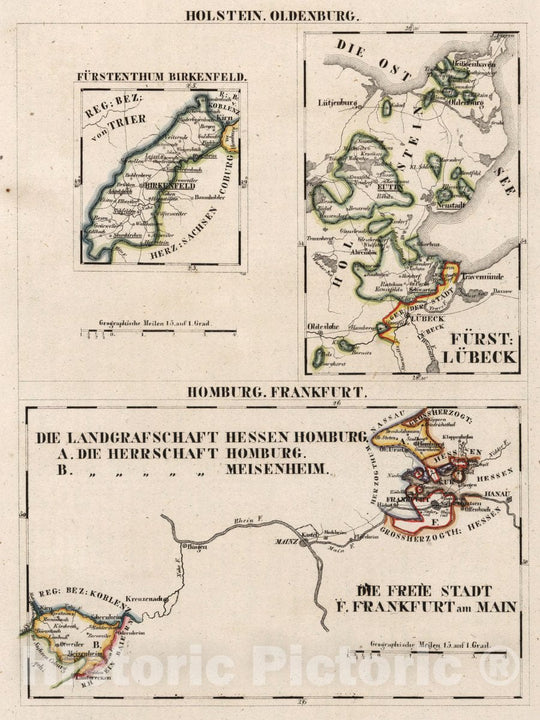 Historic Map : Germany, V. 2:6-10: VII. X-XI: Holstein-Oldenburg. Homburg. Frankfurt, 1825 Atlas , Vintage Wall Art