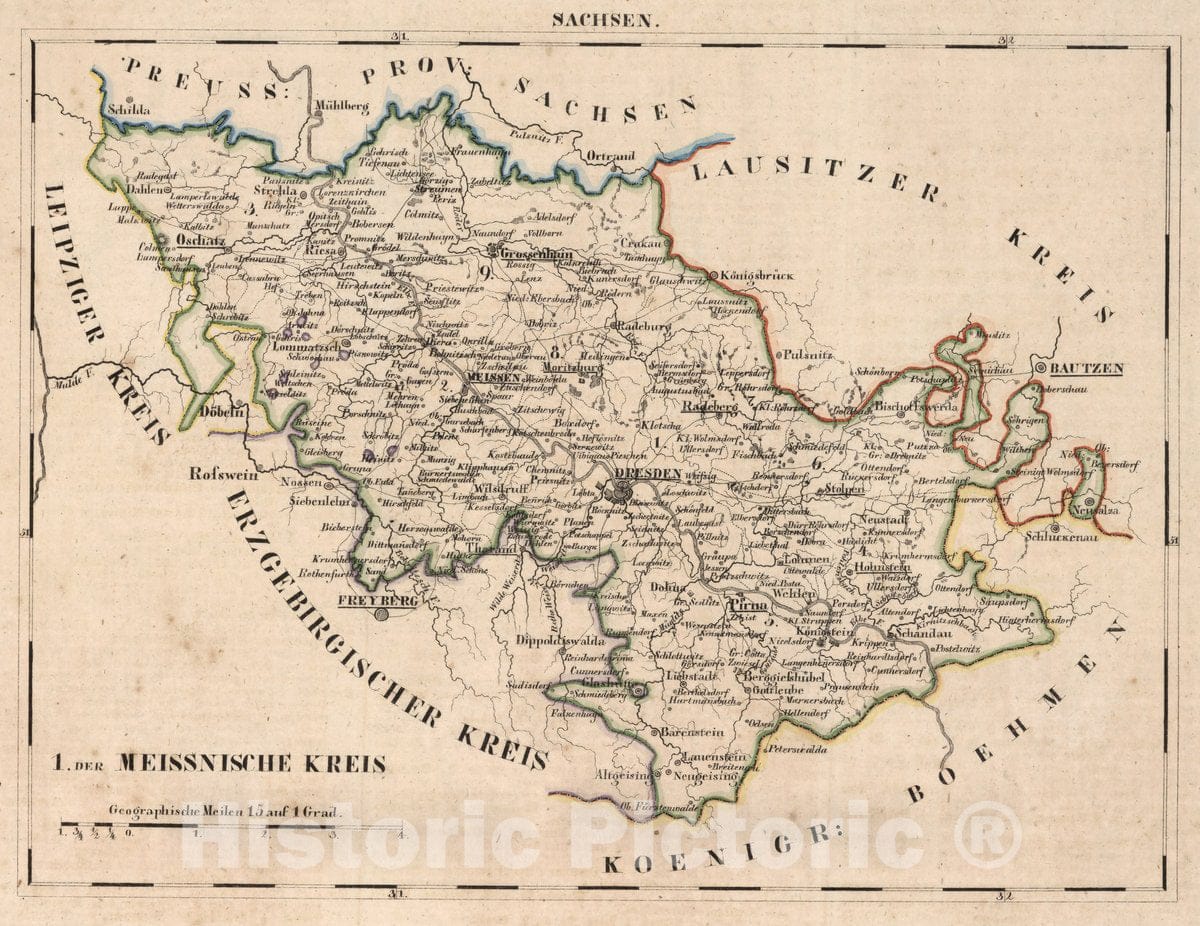 Historic Map : Germany, V.2:6-10:VIII. Schsen. 1. Der Meissnische Kreis, 1825 Atlas , Vintage Wall Art