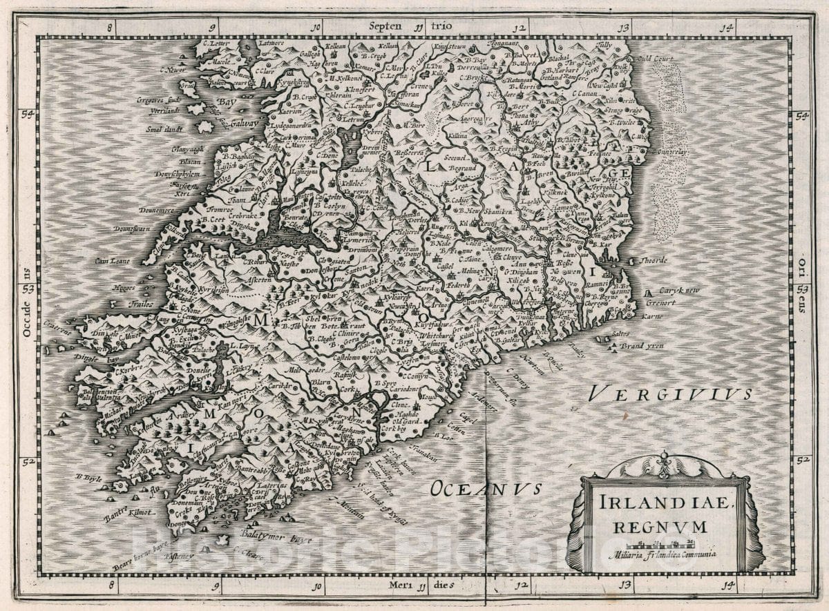 Historic Map : Ireland, Irlandiae Regnum. Atlas sive Cosmographicae Meditationes de Fabrica Mundi et fabricati Figura, 1636 Atlas , Vintage Wall Art